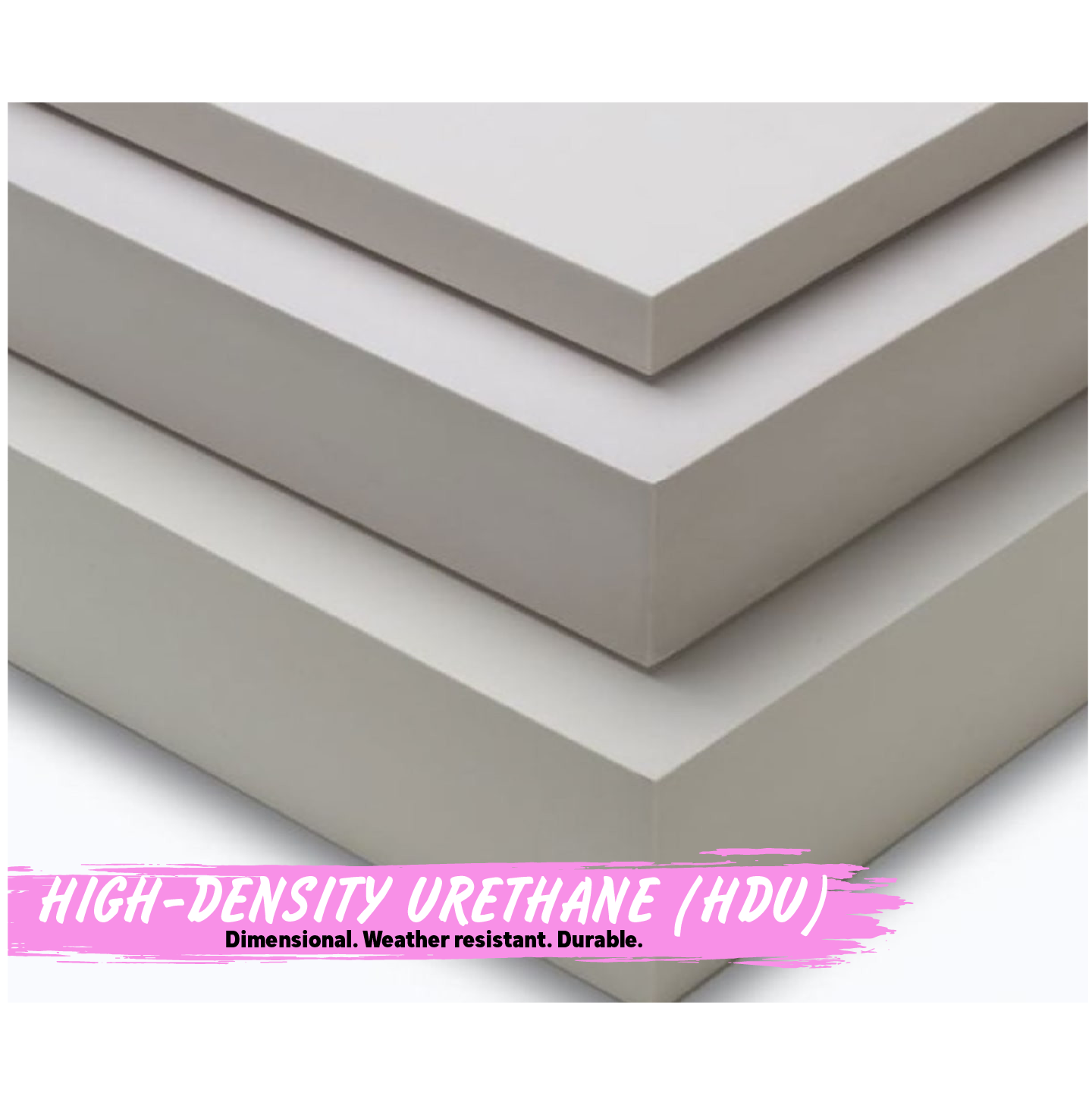 Stack of high-density urethane (HDU) panels with text on a white background