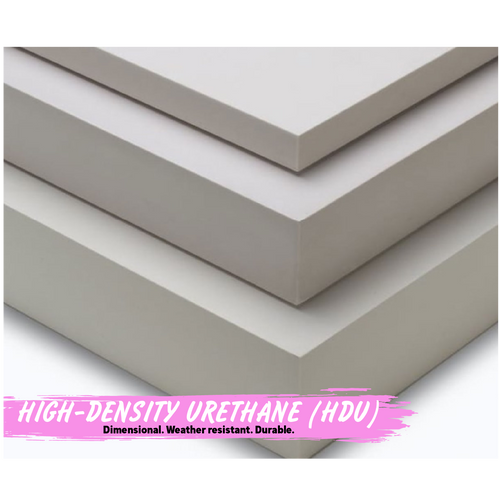 Stack of high-density urethane (HDU) panels with text on a white background