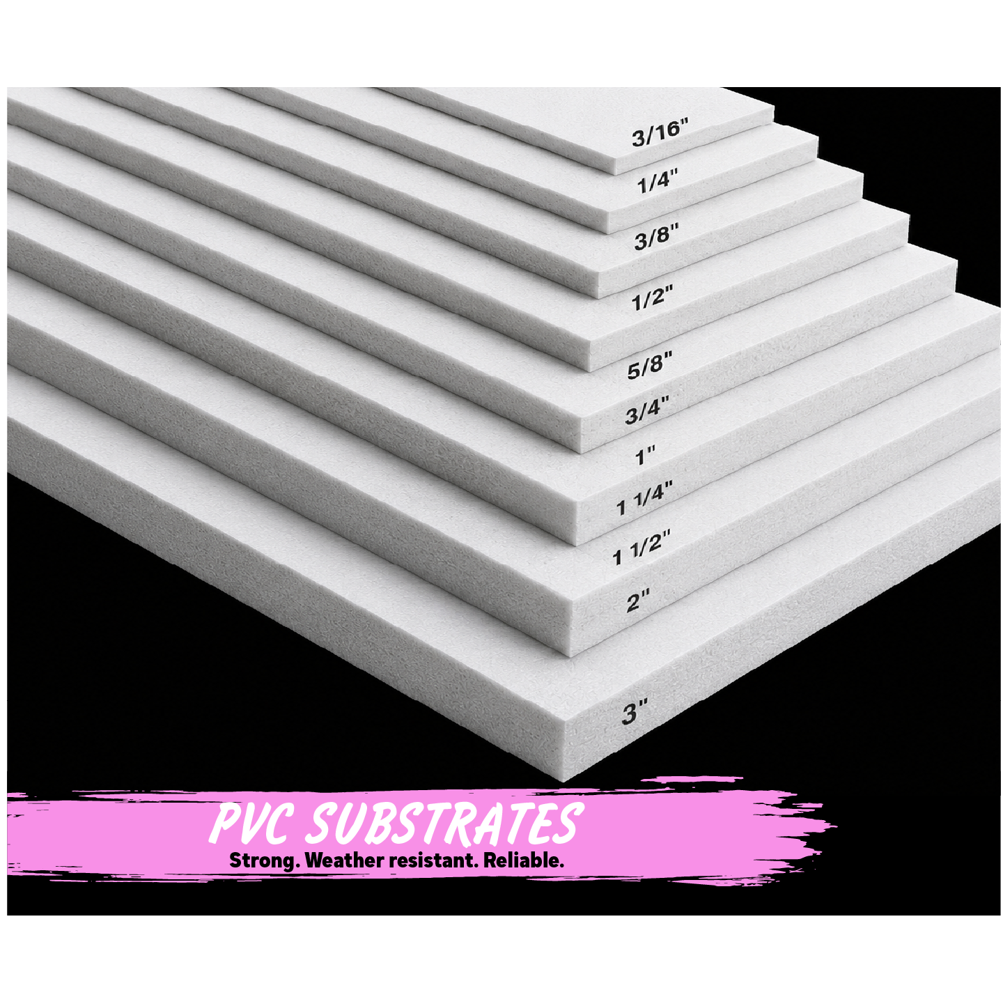 Stack of white PVC substrates with thickness measurements on a black background