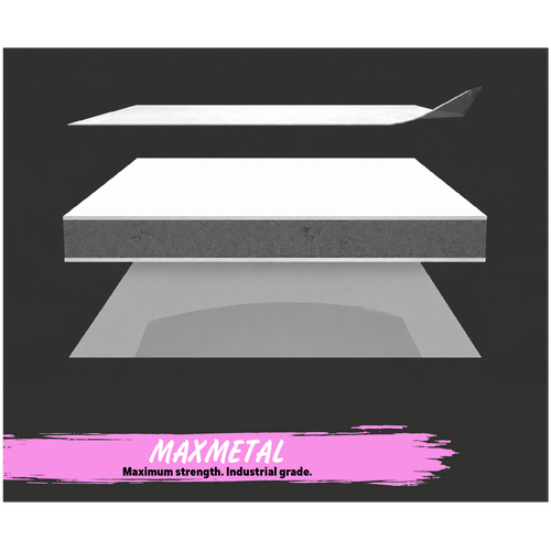 Maxmetal metal sheets with text on a black background