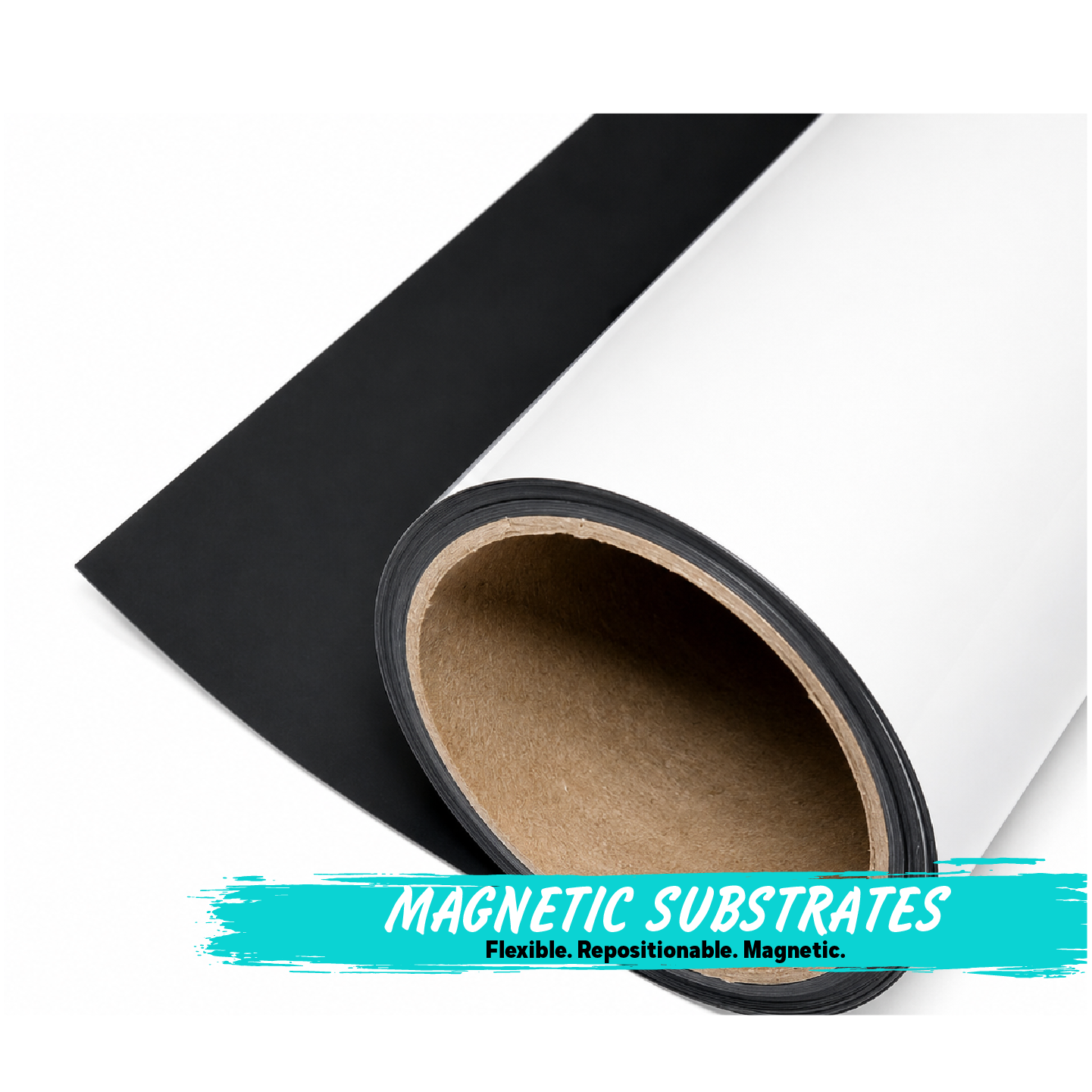 Roll of black magnetic substrate with text on a white background
