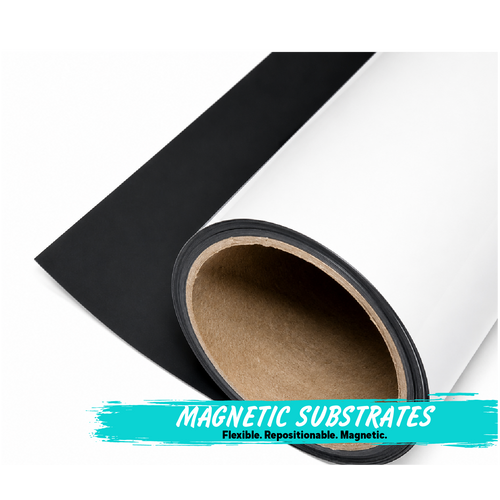 Roll of black magnetic substrate with text on a white background