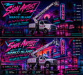 Promotional graphic for 'The Sign Artist of Marco Island' with neon signs and a truck.