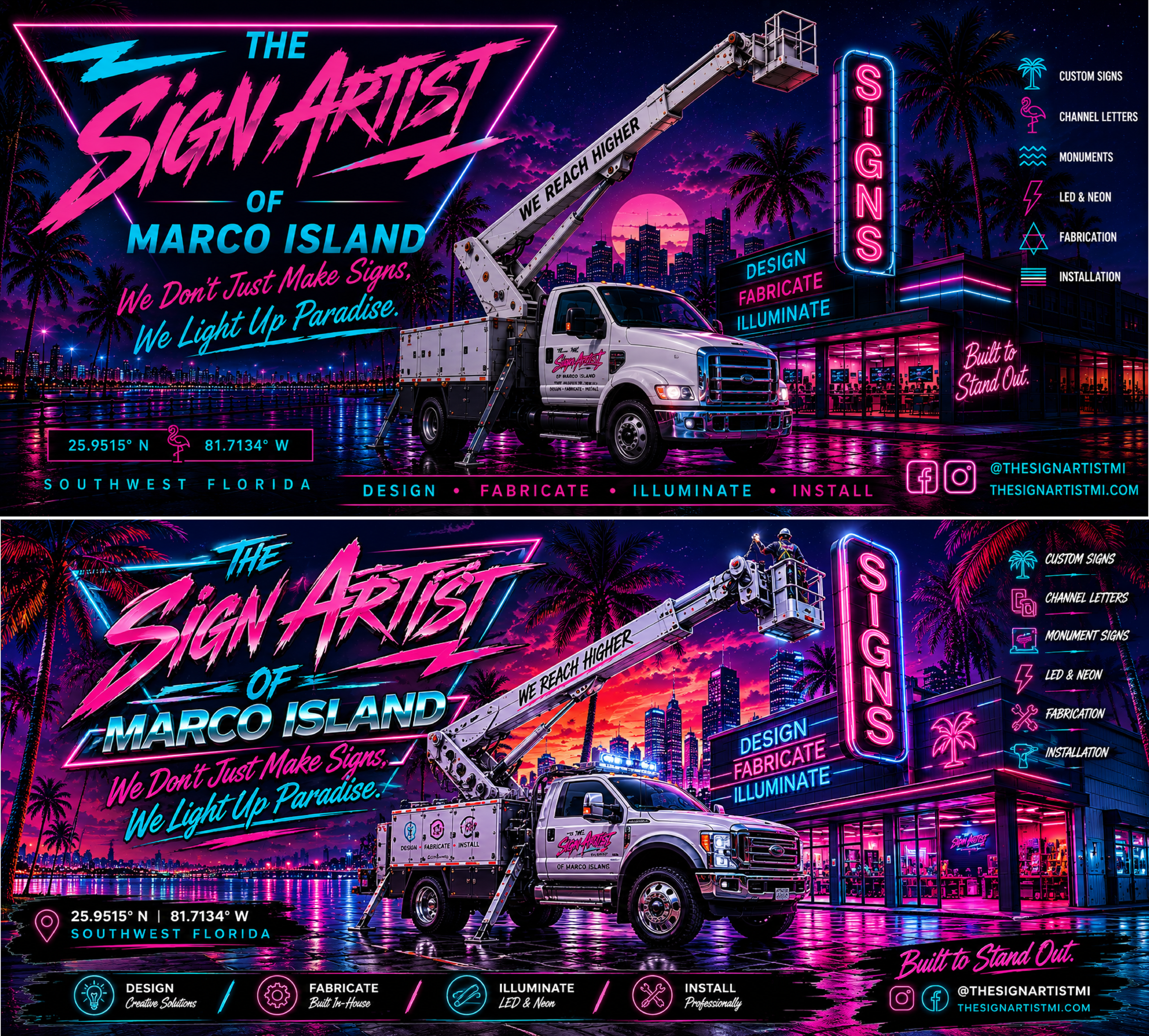 Promotional graphic for 'The Sign Artist of Marco Island' with neon signs and a truck.